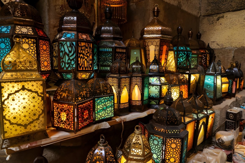 Colourful glass lanterns in a shop at Khan El Khalili in Cairo