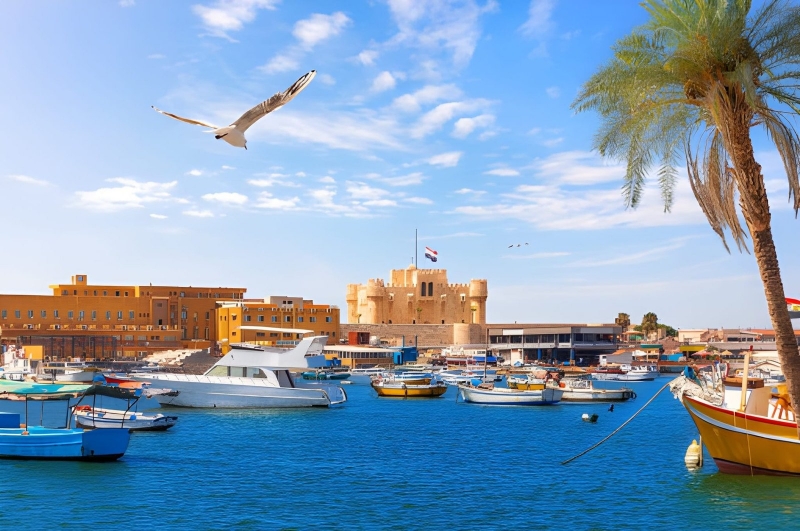 Colorful fishing boats in the Eastern Harbor of Alexandria with the Citadel of Qaitbay across the water