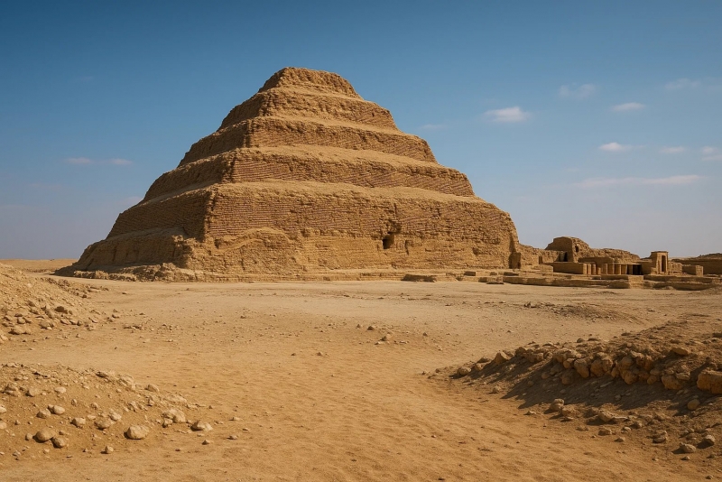 The Step Pyramid of Djoser at Saqqara rising above the desert under a blue sky